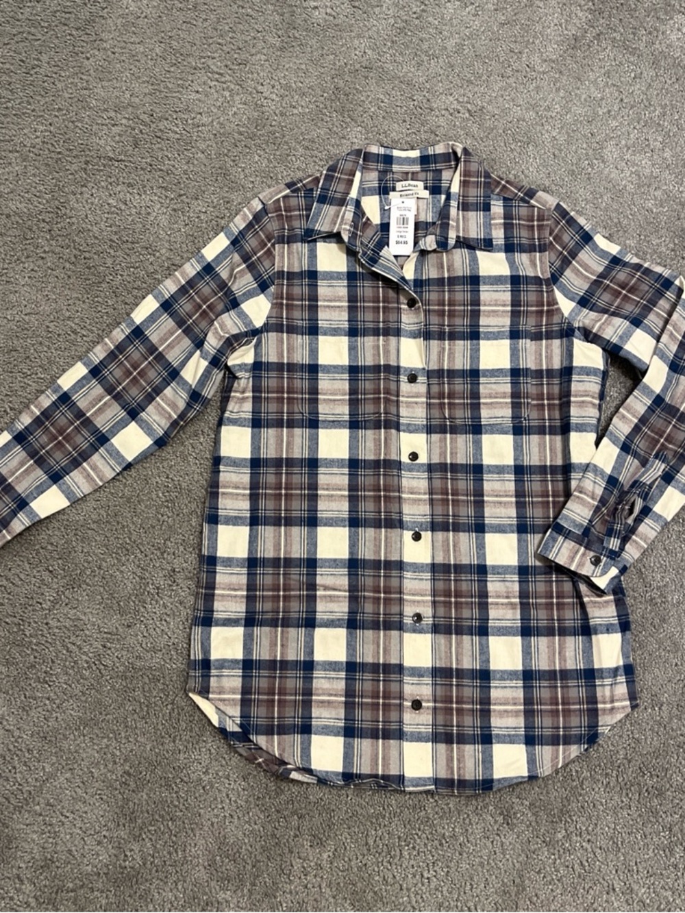 L.L. Bean Women’s Plaid Button-Down Tunic Shirt in Blue, Brown and Cream